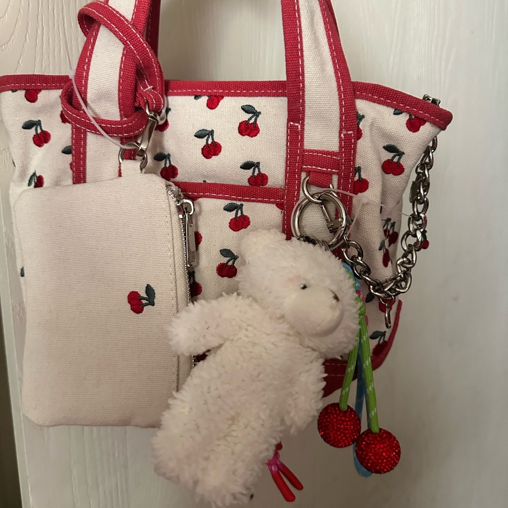 Cherry Print Tote Bag with Plush Keychain